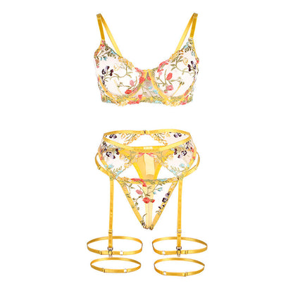 Subblime954345 Bra + Thong + Garter Belt Floral Design Yellow S/M | Niks.fi verkkokauppa