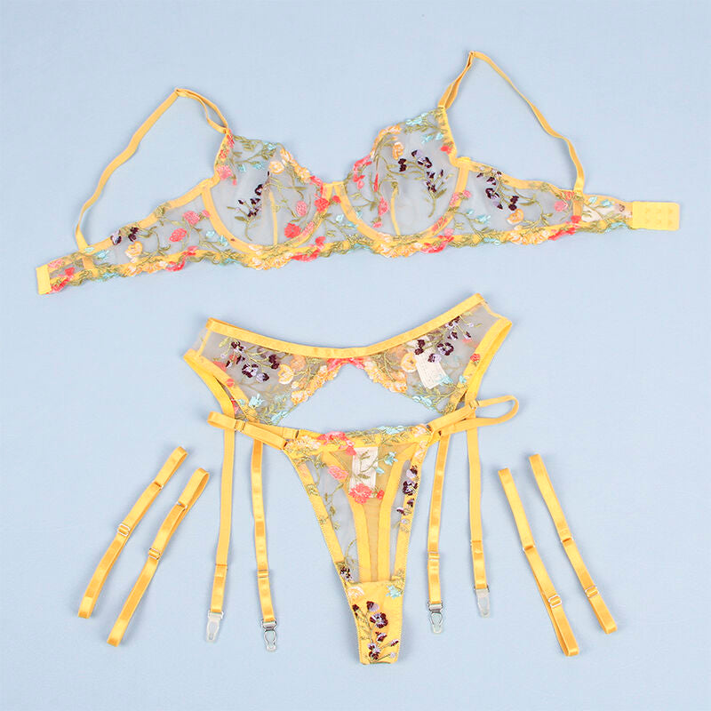 Subblime954345 Bra + Thong + Garter Belt Floral Design Yellow S/M | Niks.fi verkkokauppa