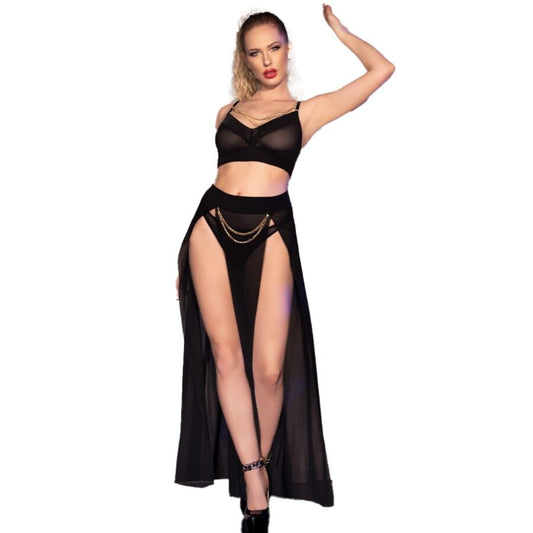 Chilirosecr 4672 Black Top Skirt And Thong With Golden Chains M | Niks.fi verkkokauppa
