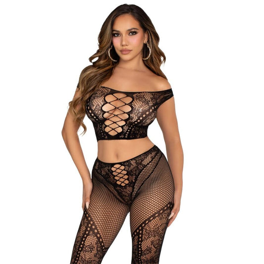 Leg Avenuecrop Top And Fishnet Legging With Bare Shoulders Black | Niks.fi verkkokauppa