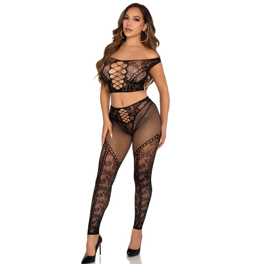 Leg Avenuecrop Top And Fishnet Legging With Bare Shoulders Black | Niks.fi verkkokauppa