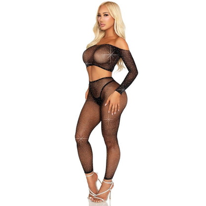 Leg Avenuecrop Top And Fishnet Legging With Rhinestones Black | Niks.fi verkkokauppa