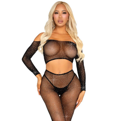 Leg Avenuecrop Top And Fishnet Legging With Rhinestones Black | Niks.fi verkkokauppa
