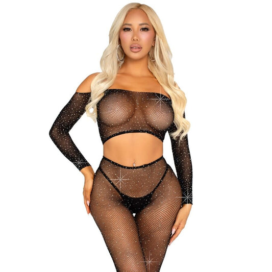 Leg Avenuecrop Top And Fishnet Legging With Rhinestones Black | Niks.fi verkkokauppa
