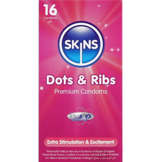 Skins Dots & Ribs Premium nystyräiset ja juomutetut kondomit - 16 kpl