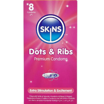 Skins Dots & Ribs Premium nystyräiset ja juomutetut kondomit - 8 kpl