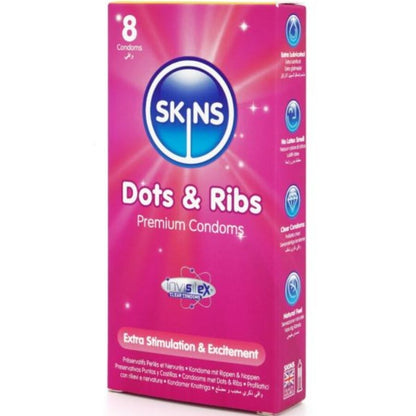 Skins Dots & Ribs Premium nystyräiset ja juomutetut kondomit - 8 kpl