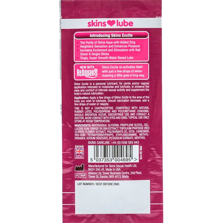 Skins Excite vesipohjainen liukuvoide kerta-annoksena - 5 ml