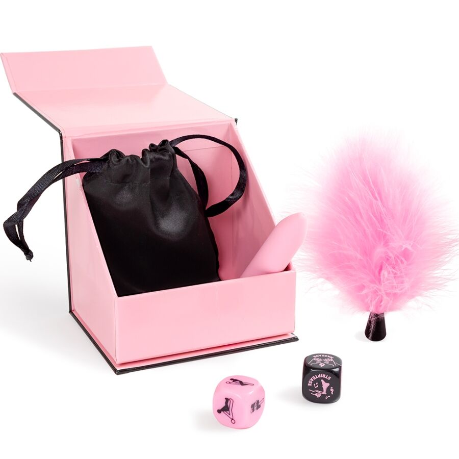 Secret Play Pleasures Box pariskunnan setti nopilla ja luotivibraattorilla