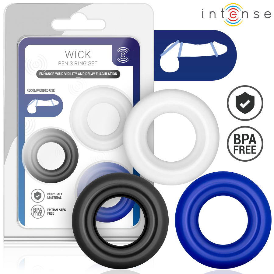 Intense Wick kolmen penisrenkaan setti - eri värejä