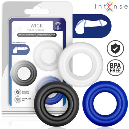 Intense Wick kolmen penisrenkaan setti - eri värejä