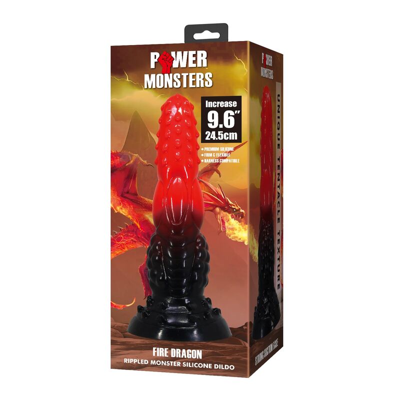 Power Monsters Fire Dragon fantasiadildo imukupilla - punainen/musta - 24,5 cm - Ø 5,8 cm