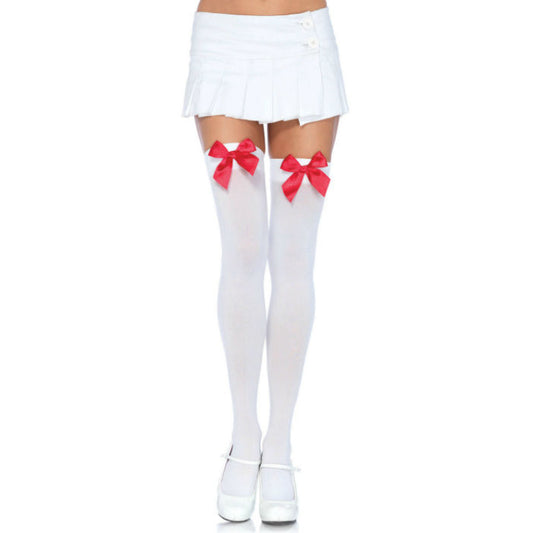 Leg Avenue Nylon Thigh Highs With Bow White / Red | Niks.fi verkkokauppa