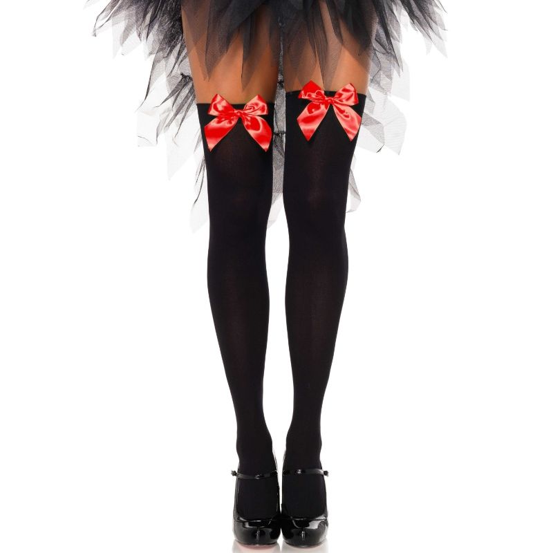 Leg Avenue Black Nylon Thigh Highs With Red Bow One Size | Niks.fi verkkokauppa
