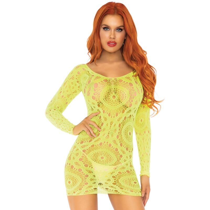 Leg Avenue Crochet Lace Long Sleeve Mini Dress Neon One Size | Niks.fi verkkokauppa