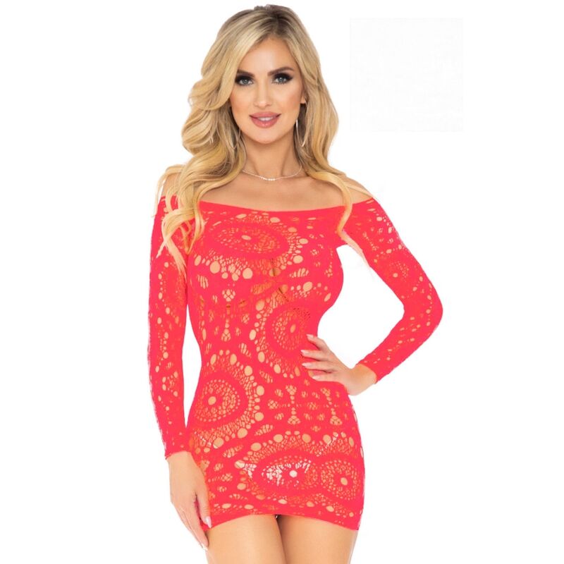 Leg Avenue Crochet Lace Long Sleeve Mini Dress Coral One Size | Niks.fi verkkokauppa