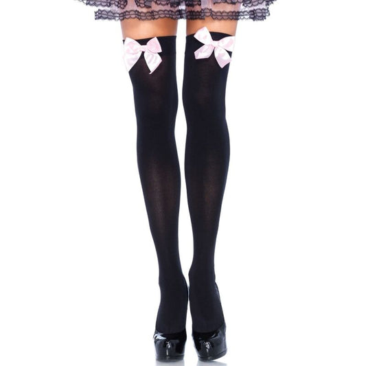 Leg Avenue Black Nylon Thigh Highs With Pink Bow One Size | Niks.fi verkkokauppa